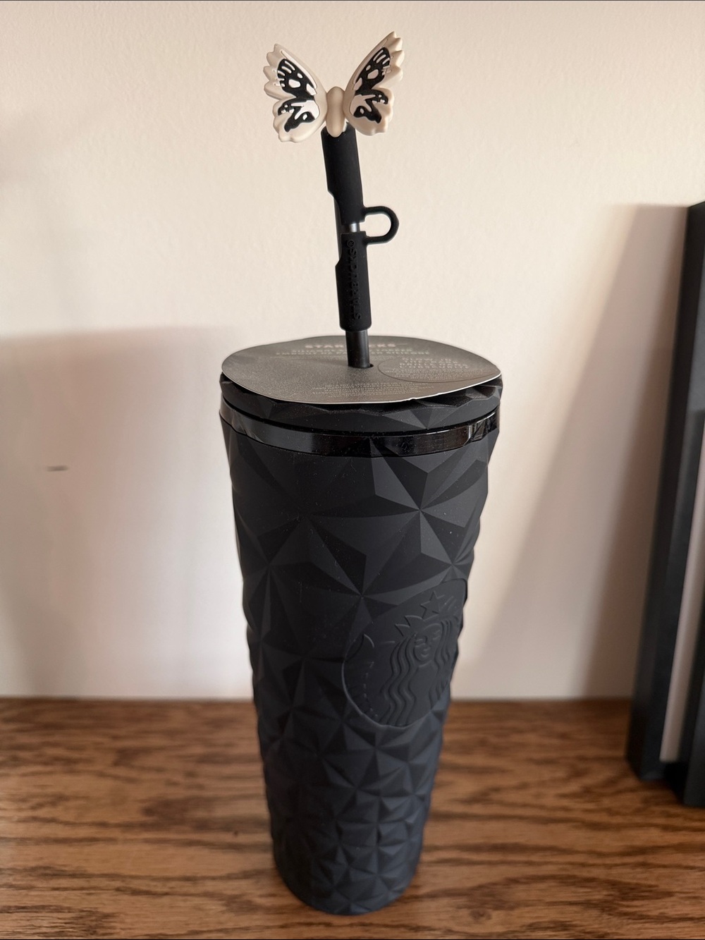 Starbucks Matte Black Geometric Tumbler with Butterfly Straw Accent